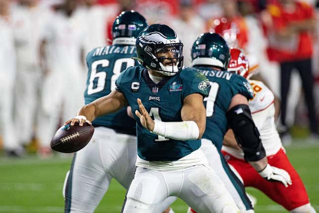 Feb 12, 2023; Glendale, AZ, USA; Philadelphia Eagles quarterback Jalen Hurts (1) against the Kansas City Chiefs in Super Bowl V at State Farm Stadium.