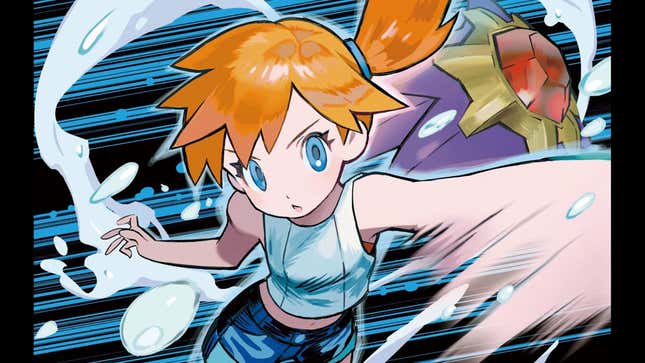 Pokémon heroine Misty, in shorts and a midriff-bearing top, springs into action.