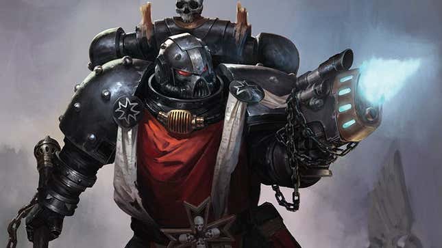 An illustration of a Black Templar Space Marine from Warhammer 40,000 fires a pistol at an unseen foe.