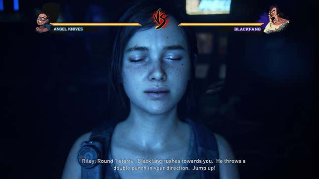 Riley's face is lit by the blue glow of a screen while Riley narrates the action of a fighting game for her in a screen from the game The Last of Us: Left Behind.