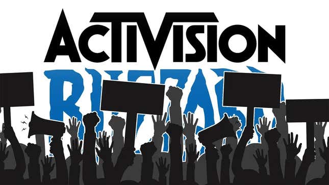 An image shows protestors with signs in front of the Activision Blizzard logo. 