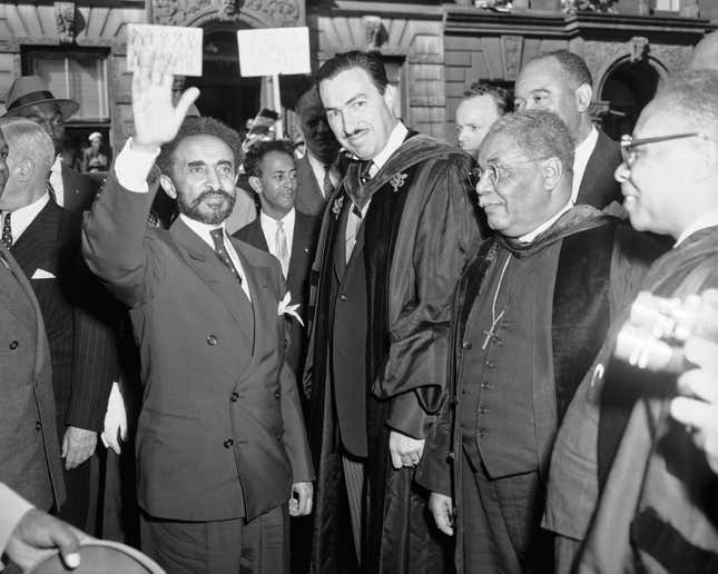 Emperor Haile Selassie of Ethiopia stands with Rep. Adam Clayton Powell (D-NY), pastor of the church, during visit to the Abyssinian Baptist Church in Harlem area of New York City on May 30, 1954.