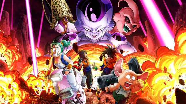 Art for Dragon Ball: The Breakers featuring Cell, Frieza, and Buu menacing four non-powered characters. 