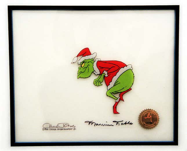 The Dr. Seuss character Grinch creeps toward a Christmas tree in this original animation cell recovered by New York City police in New York Friday, Aug. 13, 1999. The cell was recovered Friday after it showed up for auction on the eBay Web site on the Internet. Morales Stroud, 18, and Angela Rodriguez, 20, both of New York, were arrested on charges of grand larceny and criminal possession of stolen property.