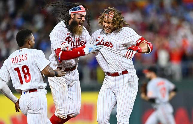 Jul 25, 2023; Philadelphia, Pennsylvania, USA; Philadelphia Phillies infielder Alec Bohm (28) celebrates with outfielder Brandon Marsh (16) after hitting a game-winning RBI single against the Baltimore Orioles in the ninth inning at Citizens Bank Park.