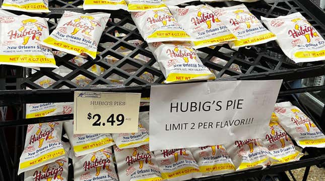 Hubig's Pie display in New Orleans with a sign reading "limit 2 per flavor"