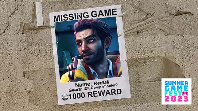 A Redfall character appears on a missing poster. 