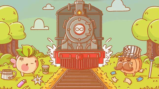 Turnip Boy Commits Tax Evasion artwork showing Turnip Boy staring down Conductor Onion across some train tracks.