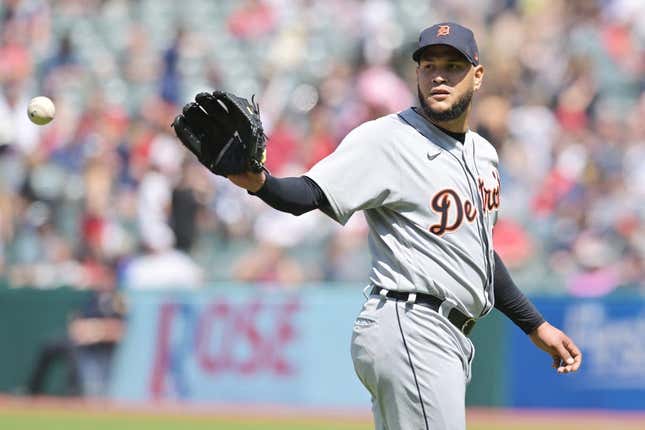 May 10, 2023; Cleveland, Ohio, USA; Detroit Tigers starting pitcher Eduardo Rodriguez (57) receives the ball after a strike out during the seventh inning against the Cleveland Guardians at Progressive Field.