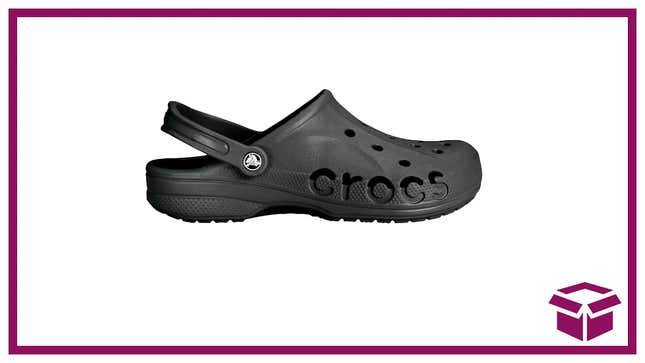 A Black Crocs clog with crocs printed across the the mid-sole on a white field. 
