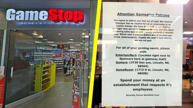 A sign posted outside a GameStop explains why workers walked out. 