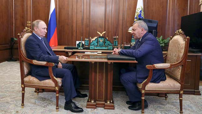 Russian President Vladimir Putin (left) meeting with Roscosmos Director General Yury Borisov at the Kremlin in Moscow, Russia, July 26, 2022. 