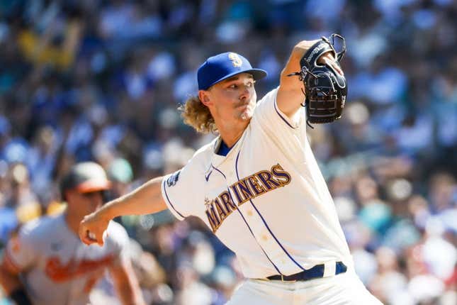 Aug 13, 2023; Seattle, Washington, USA; Seattle Mariners starting pitcher Bryce Miller (50) throws against the Seattle Mariners during the third inning at T-Mobile Park.