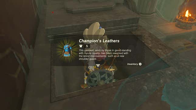 An overlay of the Champion's Leathers appears over Link in front of a chest containing the clothing item.