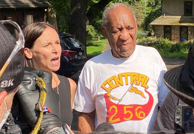 Attorney Jennifer Bonjean and Bill Cosby speak outside of Bill Cosby’s home on June 30, 2021 in Cheltenham, Pennsylvania. Bill Cosby was released from prison after court overturns his sex assault conviction. 