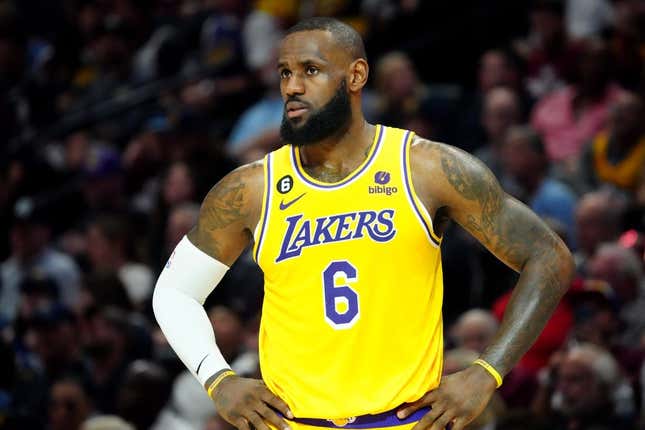 May 16, 2023; Denver, Colorado, USA; Los Angeles Lakers forward LeBron James (6) reacts in the third quarter against the Denver Nuggets during game one of the Western Conference Finals for the 2023 NBA playoffs at Ball Arena.