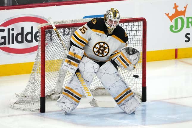 Apr 23, 2023; Sunrise, Florida, USA; Boston Bruins goaltender Linus Ullmark (35) warms up prior to game four against the Florida Panthers  in the first round of the 2023 Stanley Cup Playoffs at FLA Live Arena.