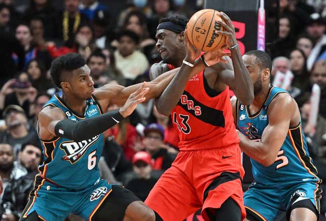 Feb 12, 2023; Toronto, Ontario, CAN;    Toronto Raptors forward Pascal Siakam (43) is fouled by Detroit Pistons guard Hamidou Diallo (6) in the second half at Scotiabank Arena.