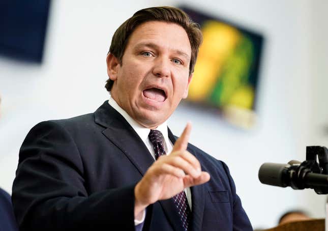 Florida Gov. Ron DeSantis speaks to supporters and members of the media after a bill signing on Nov. 18, 2021, in Brandon, Fla. DeSantis is took the unusual step of asking his state’s Supreme Court to advise whether Democratic Rep. Al Lawson’s district can be broken up. For decades, Lawson’s district has stretched like a rubber band from Jacksonville to Tallahassee, scooping up as many Black voters as possible to comply with requirements that minority communities get grouped together so they can select their own leaders and flex their power in Washington.