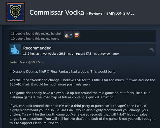 Image for article titled Babylon’s Fall, As Told By Steam Reviews