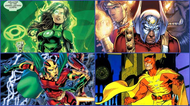 Clockwork from top left: Jessica Cruz, Orion, Catman, Mister Miracle (all images from DC Comics)