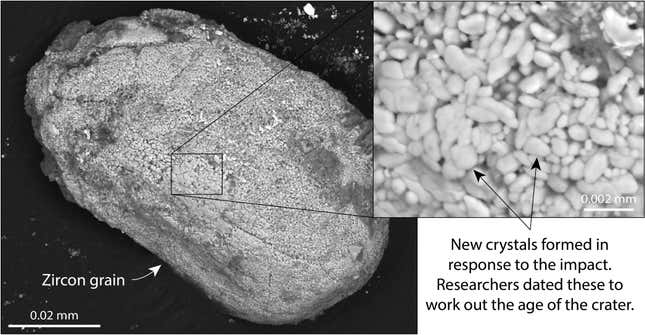 The dating of shocked zircon crystals was one of two methods used to come up with the new estimate for the impact.