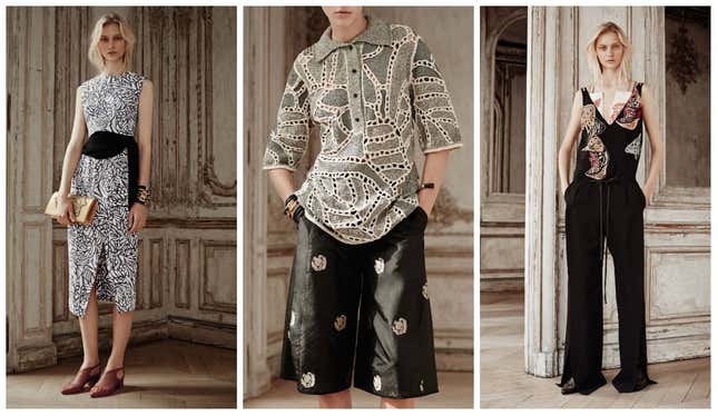 Looks from Maiyet’s Spring 2015 collection, featuring Indonesian hand batik, Peruvian crochet, and Indian beading and embroidery.