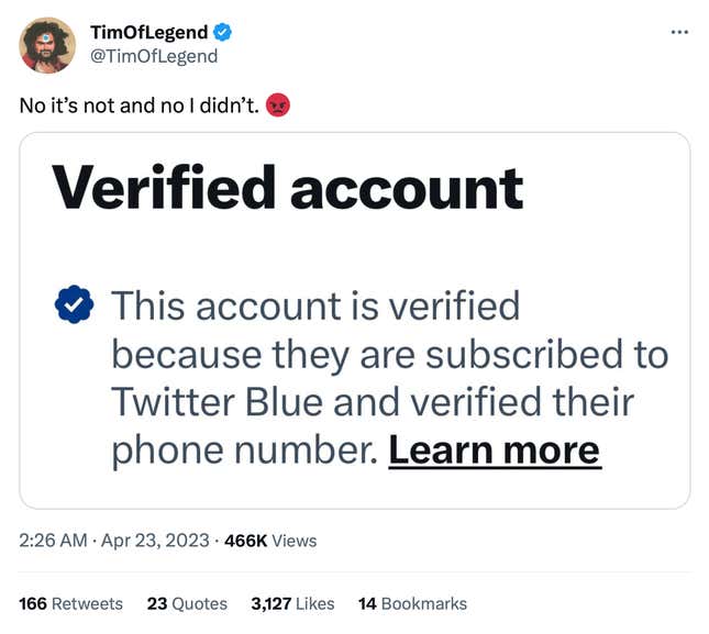 A screenshot of game designer Tim Schafer saying he didn't pay for Twitter Blue or verify his phone number.