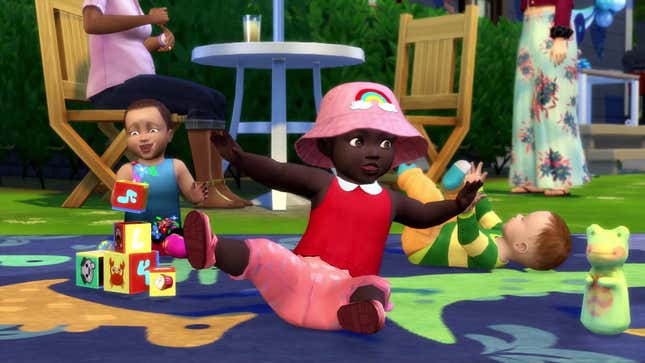 Three babies in The Sims play on a blanket outside