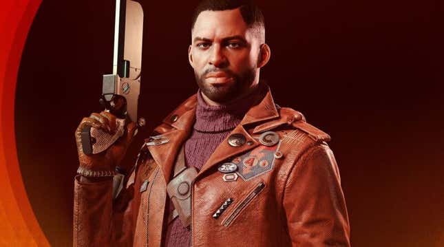 Colt Vahn, Deathloop's protagonist, stands looking at the camera in a stylish orange jacket, a gun in his right hand.