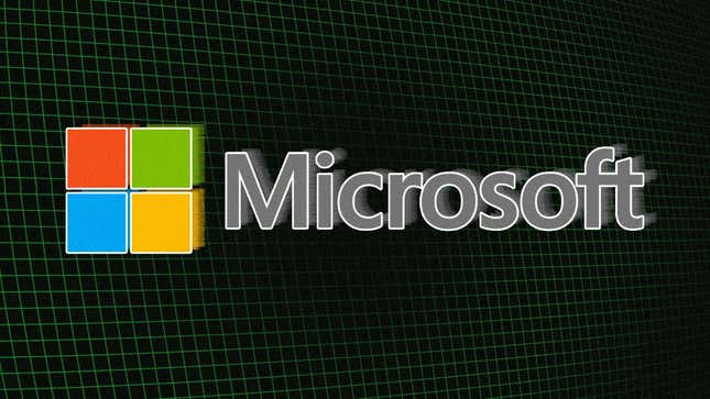 A Microsoft logo hangs in front of a green grid. 