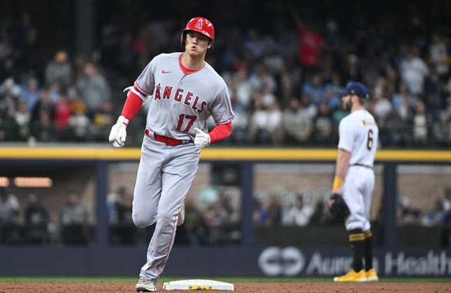Apr 30, 2023; Milwaukee, Wisconsin, USA; Los Angeles Angels designated hitter Shohei Ohtani (17) rounds the bases after hitting a home run against the Milwaukee Brewers in the third inning at American Family Field.