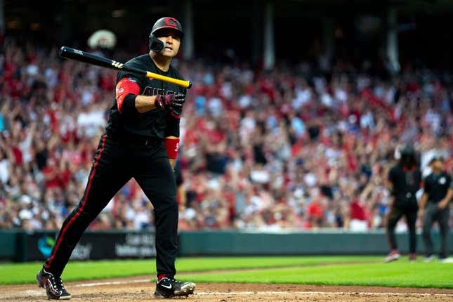 Cincinnati Reds first baseman Joey Votto (19) reacts after hitting a 3-run home run in the fifth inning of the MLB baseball game between the Cincinnati Reds and the Atlanta Braves giving the reds a 2-run lead at Great American Ball Park in Cincinnati on Friday, June 23, 2023.