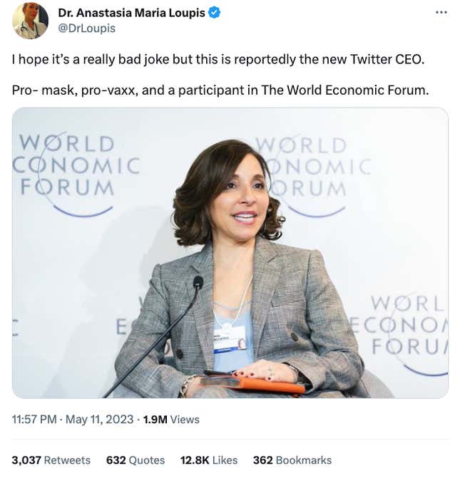 Image for article titled Twitter Conspiracy Bozos Are Freaking Out Over Elon&#39;s WEF-Friendly CEO Pick