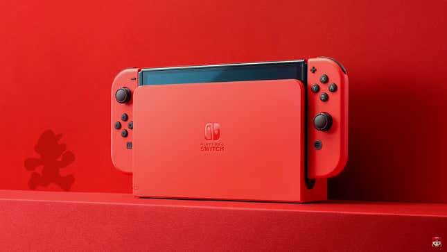 A red, Mario-themed Nintendo Switch OLED sits against a red background with a Mario silhouette next to it. 