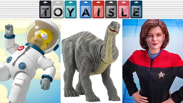Super7's Deep Space Homer Simpson, Mattel's Jurassic World Apatosaurus, and EXO-6's Captain Janeway.
