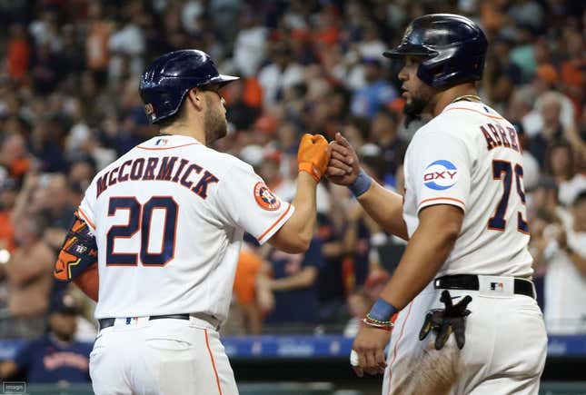Aug 2, 2023; Houston, Texas, USA; Houston Astros first baseman Jose Abreu (79) celebrates after a two-run home run by center fielder Chas McCormick (20) in the second inning  at Minute Maid Park.