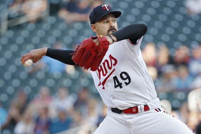 Jul 5, 2023; Minneapolis, Minnesota, USA; Minnesota Twins starting pitcher Pablo Lopez (49) throws to the Kansas City Royals in the first inning at Target Field.