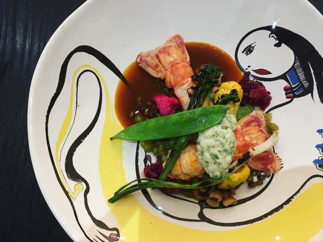 Les Créatifs - Langoustine with green pea and mint purée and pickled vegetables
