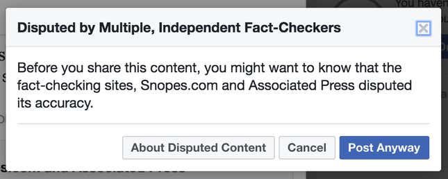 Image for article titled This is now what happens when you try to post fake news on Facebook