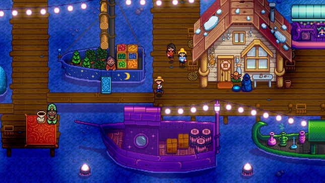 Characters wait around the dock in Stardew Valley.