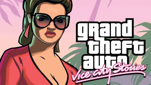 A woman in a red dress stares at you while standing next to the GTA Vice City Stories logo. 