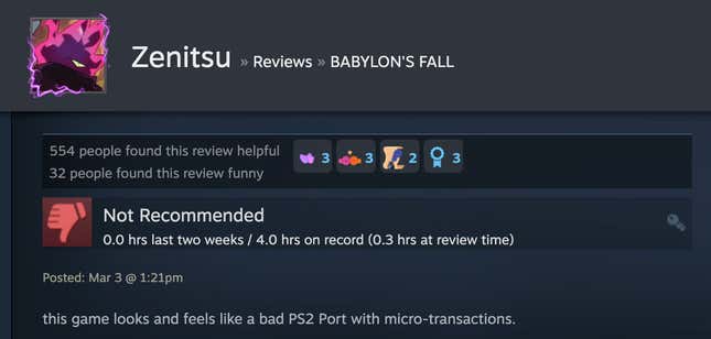 Image for article titled Babylon’s Fall, As Told By Steam Reviews