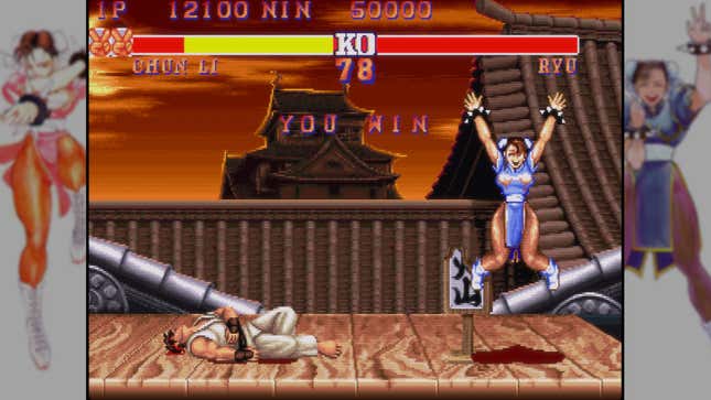 In a Street Fighter II screenshot Chun-Li celebrates her victory over Ryu.