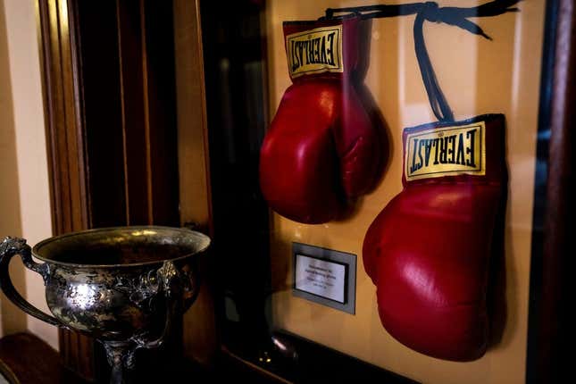 A view of signed boxing gloves by Muhammad Ali at the Dave Herche Cincinnati Athletic Club on Thursday, Jun 8, 2023 in Cincinnati.