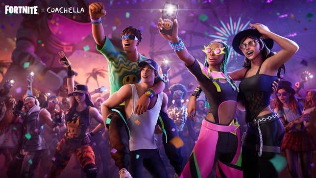 Fortnite characters dance while wearing rave outfits during a Coachella concert.