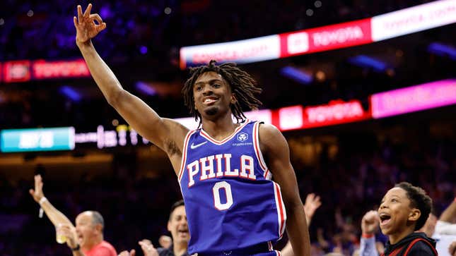 yrese Maxey of the Philadelphia 76ers celebrates after scoring in the first quarter against the Toronto Raptors during Game One of the Eastern Conference First Round Playoffs.