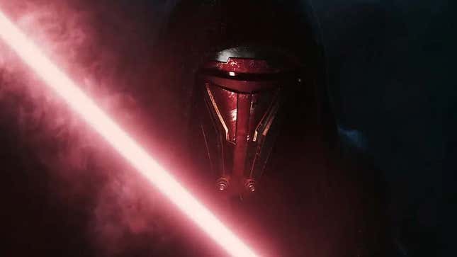 A screenshot of a Sith Lord wielding a red lightsaber in a dark room from the KoToR teaser. 