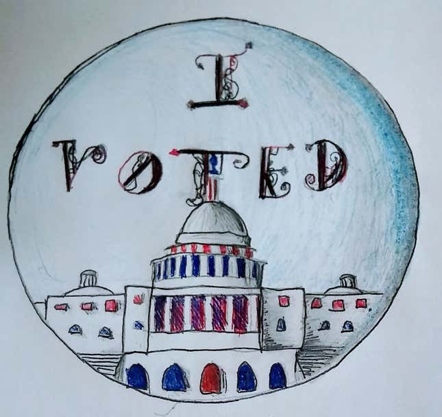 An image of the U.S. Capitol building, drawn in red, white, and blue, is shown along with the words "I Voted" written in a medieval font.