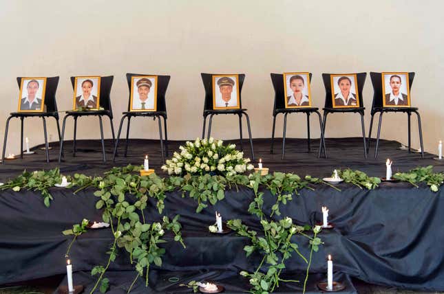 Photographs of crew members of the Ethiopian Airlines Flight ET 302 plane that crashed are seen during a memorial service by members of the Ethiopian Airline Pilots' Association in Addis Ababa, Ethiopia, March 11, 2019.